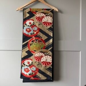 Vintage Fukuro Obi Black Gold Metallic Floral Chrysanthemum Kimono‎ Belt Silk